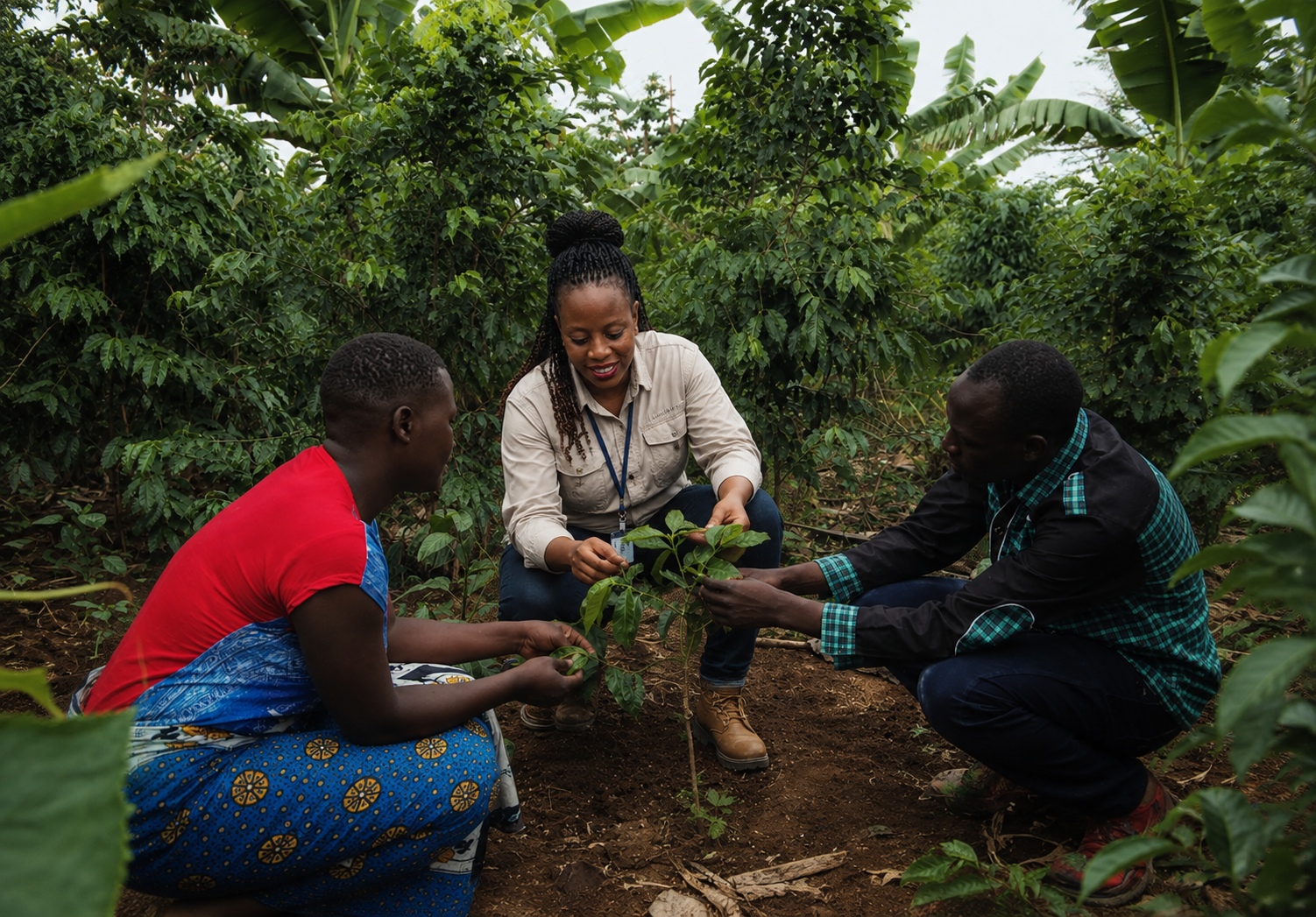 Field team visiting a farm to discuss crop management with farmers